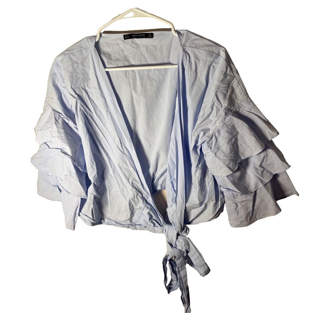 Zara Basic Top Women's Medium Blue V-Neck Cropped Tie Puff Ruffle Sleeve Shirt